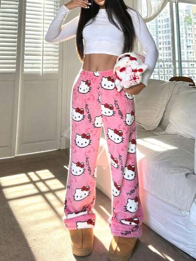 SANRIO 1 قطعة بنطلون نسائي مبطن دافئ، جميل ومريح للخريف/الشتاء