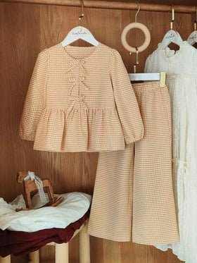 Vintaside Kids طقم قميص وبنطلون بأكمام طويلة مع فيونكة للبنات الصغيرات بنمط المربعات
