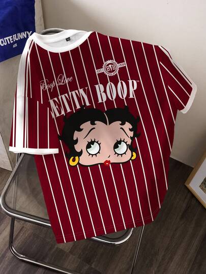 Betty Boop x SHEIN تي شيرت نسائي بياقة مستديرة وأكمام قصيرة مزخرف بخطوط وأشكال كرتونية