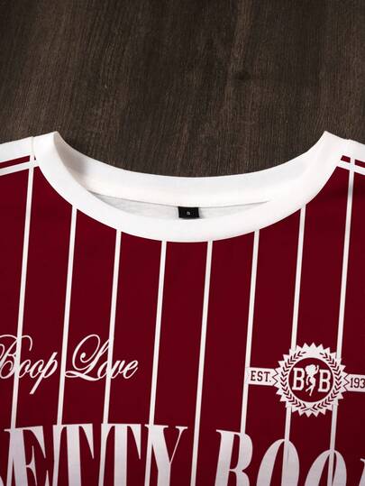 Betty Boop x SHEIN تي شيرت نسائي بياقة مستديرة وأكمام قصيرة مزخرف بخطوط وأشكال كرتونية