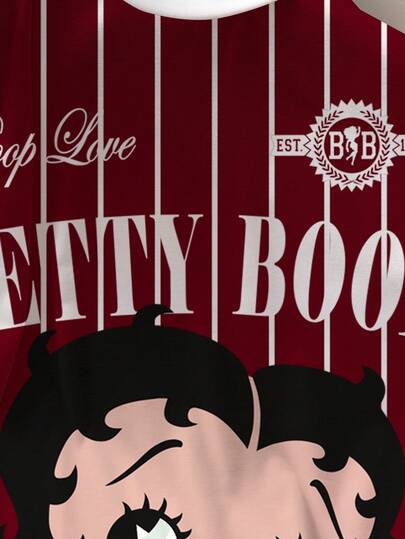 Betty Boop x SHEIN تي شيرت نسائي بياقة مستديرة وأكمام قصيرة مزخرف بخطوط وأشكال كرتونية
