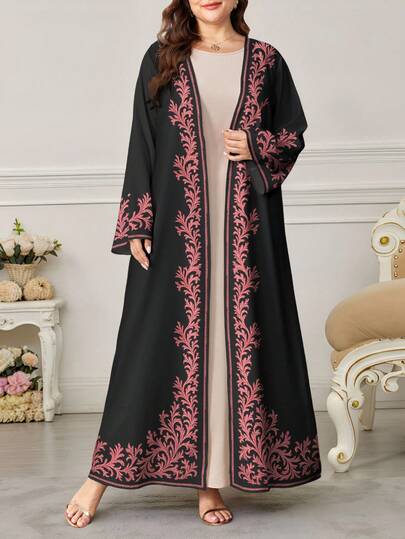 SHEIN Najma رمضان عباية عربية كاجوال طويلة الأكمام مطبوعة بطباعة رقمية زهرية للنساء ذوات الحجم الكبير، للربيع والخريف