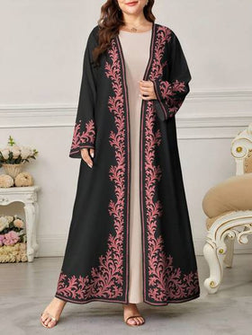 SHEIN Najma رمضان عباية عربية كاجوال طويلة الأكمام مطبوعة بطباعة رقمية زهرية للنساء ذوات الحجم الكبير، للربيع والخريف