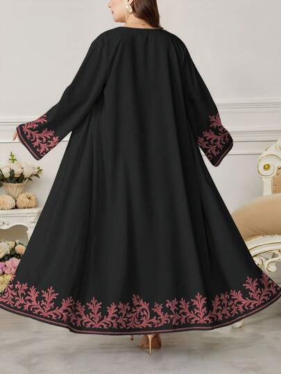 SHEIN Najma رمضان عباية عربية كاجوال طويلة الأكمام مطبوعة بطباعة رقمية زهرية للنساء ذوات الحجم الكبير، للربيع والخريف