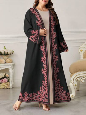 SHEIN Najma رمضان عباية عربية كاجوال طويلة الأكمام مطبوعة بطباعة رقمية زهرية للنساء ذوات الحجم الكبير، للربيع والخريف