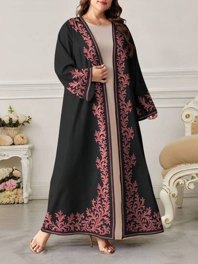 SHEIN Najma رمضان عباية عربية كاجوال طويلة الأكمام مطبوعة بطباعة رقمية زهرية للنساء ذوات الحجم الكبير، للربيع والخريف