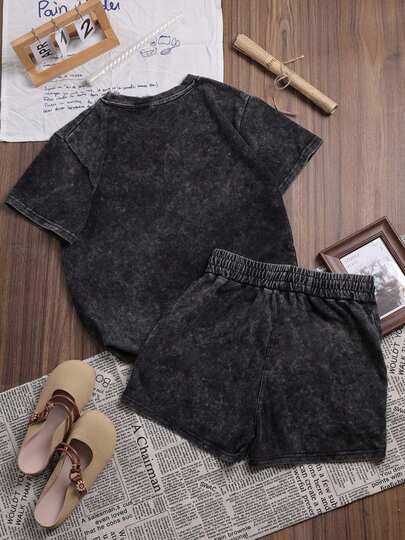 ملابس نسائية صيفية من القطن من Es Trus مطبوع عليها "بروكلين" بنمط شخصية فريدة من نوعها، مريحة على الطراز الكوري، ملابس نسائية متعددة الاستخدامات Y2K، مناسبة للترفيه في الهواء الطلق، تي شيرت أسود ضيق مغسول وممزق برقبة دائرية وأكمام قصيرة + مجموعة شورت