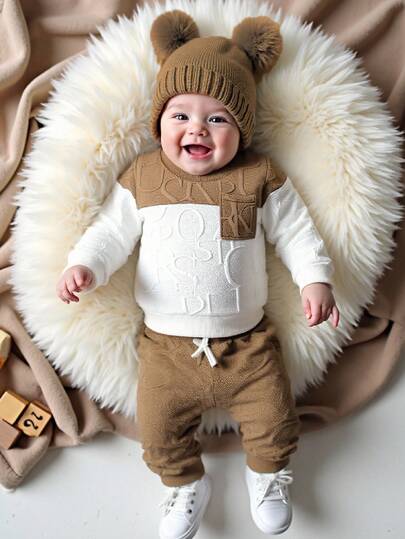 SHEIN Playful Pals مجموعة من قطعتين للأطفال الرضع/الأولاد، تتكون من ملابس علوية كاجوال بياقة طاقم وجيب بنقشة جاكار حرفية وأكمام طويلة، وبنطلون جوجر بخصر مطاطي، من قماش ناعم ومريح، مناسب للربيع والخريف والشتاء، للخارج والمنزل