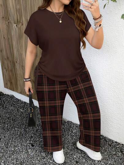 EMERY ROSE مجموعة قطعتين بنمط مربعات بلون بني أحمر داكن وبني أحمر مائل للحمرة، تصميم بسيط عادي، مناسب لجميع الفصول