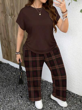 EMERY ROSE مجموعة قطعتين بنمط مربعات بلون بني أحمر داكن وبني أحمر مائل للحمرة، تصميم بسيط عادي، مناسب لجميع الفصول