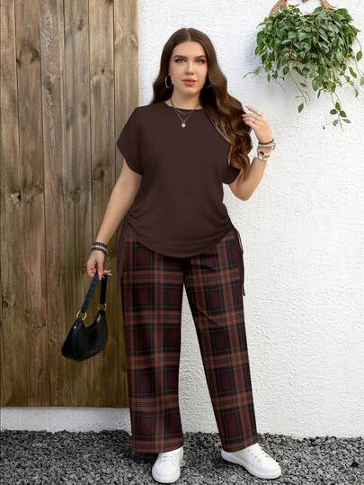 EMERY ROSE مجموعة قطعتين بنمط مربعات بلون بني أحمر داكن وبني أحمر مائل للحمرة، تصميم بسيط عادي، مناسب لجميع الفصول