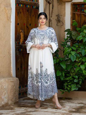 رمضان فستان أبايا أنيق للنساء بأكمام طويلة وياقة مستديرة مزين بتفاصيل من اللؤلؤ والراين ستون، قماش منسوج غير مطاطي طويل ماكسي مناسب لجميع المواسم