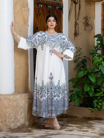 رمضان فستان أبايا أنيق للنساء بأكمام طويلة وياقة مستديرة مزين بتفاصيل من اللؤلؤ والراين ستون، قماش منسوج غير مطاطي طويل ماكسي مناسب لجميع المواسم