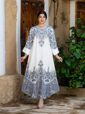 رمضان فستان أبايا أنيق للنساء بأكمام طويلة وياقة مستديرة مزين بتفاصيل من اللؤلؤ والراين ستون، قماش منسوج غير مطاطي طويل ماكسي مناسب لجميع المواسم