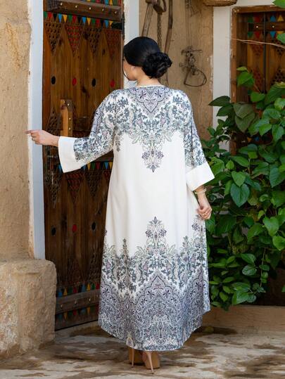 رمضان فستان أبايا أنيق للنساء بأكمام طويلة وياقة مستديرة مزين بتفاصيل من اللؤلؤ والراين ستون، قماش منسوج غير مطاطي طويل ماكسي مناسب لجميع المواسم