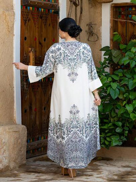 رمضان فستان أبايا أنيق للنساء بأكمام طويلة وياقة مستديرة مزين بتفاصيل من اللؤلؤ والراين ستون، قماش منسوج غير مطاطي طويل ماكسي مناسب لجميع المواسم