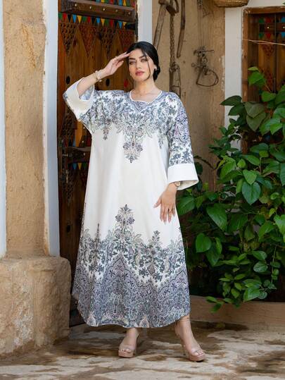 رمضان فستان أبايا أنيق للنساء بأكمام طويلة وياقة مستديرة مزين بتفاصيل من اللؤلؤ والراين ستون، قماش منسوج غير مطاطي طويل ماكسي مناسب لجميع المواسم