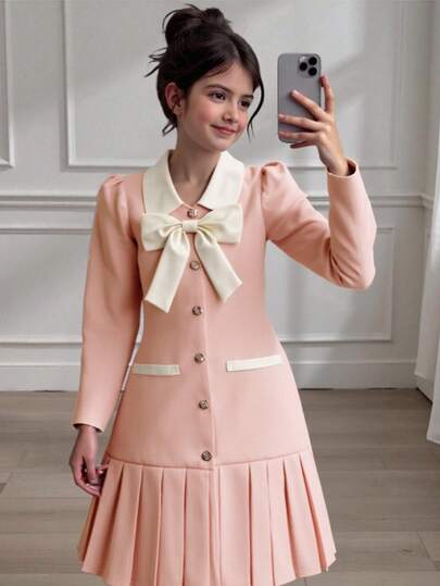 SHEIN فستان أنيق بياقة منقوشة طويل الأكمام مناسب للفتيات المراهقات، مناسب للمدرسة والتنقل والخروج والحفلات والتسوق، ويمكن ارتداؤه مع جاكيت أو معطف أو معطف مبطن