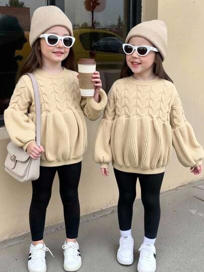 SHEIN كنزة صوفية كاجوال للفتيات بأكمام فانوس ذات لون أحادي، خريف/شتاء