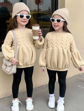 SHEIN كنزة صوفية كاجوال للفتيات بأكمام فانوس ذات لون أحادي، خريف/شتاء