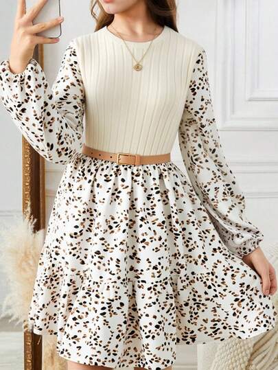 SHEIN فستان طويل الأكمام بخصر مزخرف بطباعة الزهور الرجعية، أنيق بطراز الريف للمراهقات