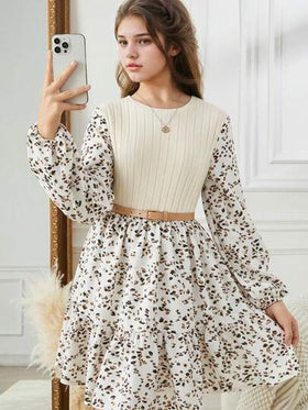SHEIN فستان طويل الأكمام بخصر مزخرف بطباعة الزهور الرجعية، أنيق بطراز الريف للمراهقات