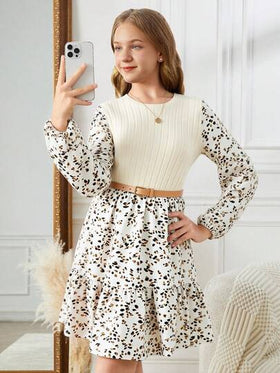 SHEIN فستان طويل الأكمام بخصر مزخرف بطباعة الزهور الرجعية، أنيق بطراز الريف للمراهقات