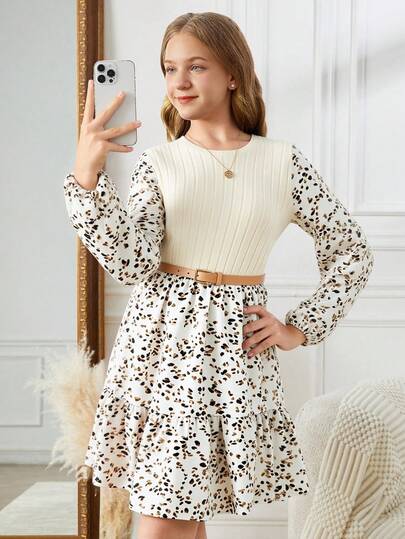 SHEIN فستان طويل الأكمام بخصر مزخرف بطباعة الزهور الرجعية، أنيق بطراز الريف للمراهقات