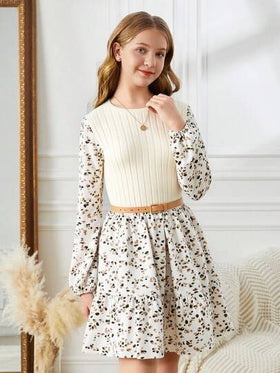 SHEIN فستان طويل الأكمام بخصر مزخرف بطباعة الزهور الرجعية، أنيق بطراز الريف للمراهقات