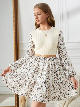 SHEIN فستان طويل الأكمام بخصر مزخرف بطباعة الزهور الرجعية، أنيق بطراز الريف للمراهقات