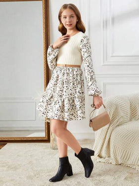 SHEIN فستان طويل الأكمام بخصر مزخرف بطباعة الزهور الرجعية، أنيق بطراز الريف للمراهقات