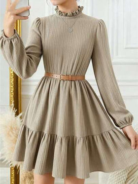 SHEIN فستان كاجوال بياقة طاقم وأكمام طويلة بنقشة جاكار المشمش للفتيات المراهقات