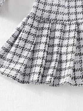 SHEIN فستان طويل الأكمام مطبوع بنمط الهندسي مع ذيل مطوي وزخرفة الفيونكة، مناسب للفتيات المراهقات