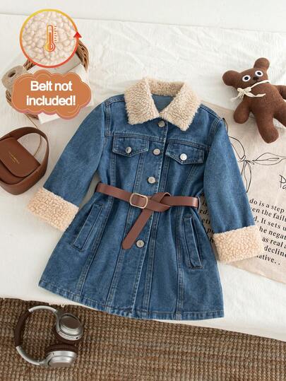 SHEIN Playful Pals معطف طويل فضفاض للأطفال الصغار من الفتيات باللون الأزرق الداكن مع طبعات ملونة وياقة من الفرو الصناعي، ملابس خارجية جميلة وعصرية مناسبة للخريف والشتاء، قطعة ملائمة للتنسيق مع الطبقات المختلفة