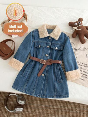 SHEIN Playful Pals معطف طويل فضفاض للأطفال الصغار من الفتيات باللون الأزرق الداكن مع طبعات ملونة وياقة من الفرو الصناعي، ملابس خارجية جميلة وعصرية مناسبة للخريف والشتاء، قطعة ملائمة للتنسيق مع الطبقات المختلفة