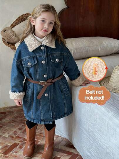 SHEIN Playful Pals معطف طويل فضفاض للأطفال الصغار من الفتيات باللون الأزرق الداكن مع طبعات ملونة وياقة من الفرو الصناعي، ملابس خارجية جميلة وعصرية مناسبة للخريف والشتاء، قطعة ملائمة للتنسيق مع الطبقات المختلفة