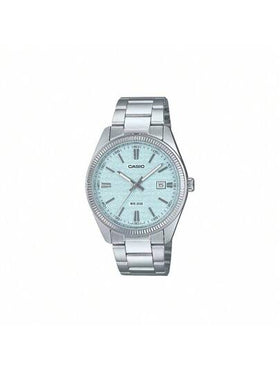 Casio ساعة كاسيو رجالية للملابس الرسمية، قطر 44.2 مم، قرص أزرق، سوار من الفولاذ المقاوم للصدأ مطلي بالأيون، إبزيم قابل للطي، عقارب تناظرية كوارتز، زجاج معدني، طراز أعمال MTP-1302DA-2A2V