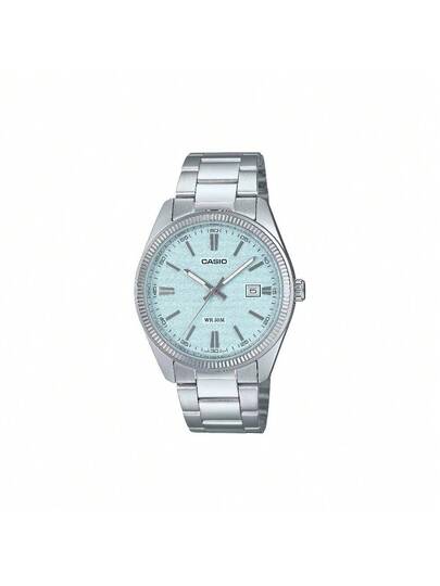 Casio ساعة كاسيو رجالية للملابس الرسمية، قطر 44.2 مم، قرص أزرق، سوار من الفولاذ المقاوم للصدأ مطلي بالأيون، إبزيم قابل للطي، عقارب تناظرية كوارتز، زجاج معدني، طراز أعمال MTP-1302DA-2A2V
