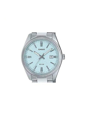 Casio ساعة كاسيو رجالية للملابس الرسمية، قطر 44.2 مم، قرص أزرق، سوار من الفولاذ المقاوم للصدأ مطلي بالأيون، إبزيم قابل للطي، عقارب تناظرية كوارتز، زجاج معدني، طراز أعمال MTP-1302DA-2A2V