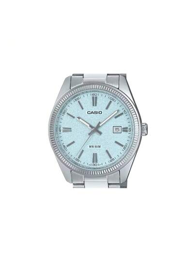 Casio ساعة كاسيو رجالية للملابس الرسمية، قطر 44.2 مم، قرص أزرق، سوار من الفولاذ المقاوم للصدأ مطلي بالأيون، إبزيم قابل للطي، عقارب تناظرية كوارتز، زجاج معدني، طراز أعمال MTP-1302DA-2A2V