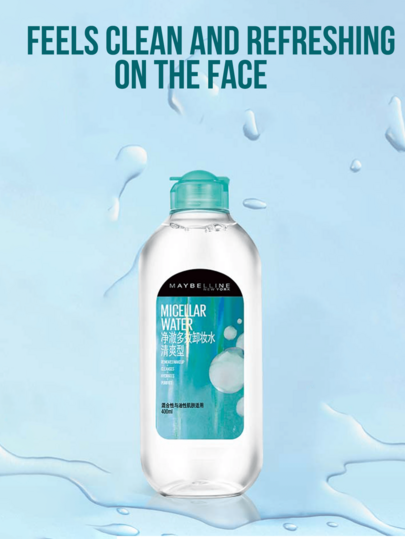 Maybelline 95/400 مل منظف للمكياج منعش، مناسب للبشرة المختلطة والدهنية، يزيل المكياج على الفور، تنظيف فعال للغاية، لا حاجة لتنظيف مزدوج، مرطب ومغذي، لا يجفف البشرة، يترك البشرة ناعمة ولينة بعد إزالة المكياج، خالي من العطور والكحول، يعتني برقة بالبشرة ا...