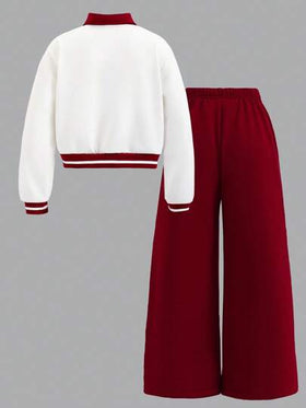 SHEIN Explorewe بدلة كاجوال للفتيات المراهقات في فصل الخريف/الشتاء - جاكيت بطبعات فينتاج بلون البرغندي وبنطلون بلون البرغندي مجموعة من قطعتين، مناسبة للمدرسة والخروجات والعطلات والكريسماس والارتداء اليومي الكاجوال