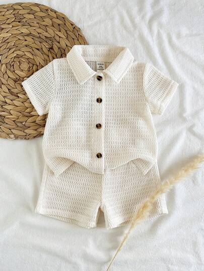 Vintaside Kids مجموعة قميص وشورت للأطفال الصبيان، بتصميم ريفي، نسيج ذو ملمس خاص، خليط قطني مريح، إطلالة كاجوال متعددة الاستخدامات، قطعتان