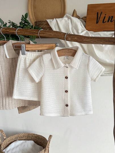 Vintaside Kids مجموعة قميص وشورت للأطفال الصبيان، بتصميم ريفي، نسيج ذو ملمس خاص، خليط قطني مريح، إطلالة كاجوال متعددة الاستخدامات، قطعتان