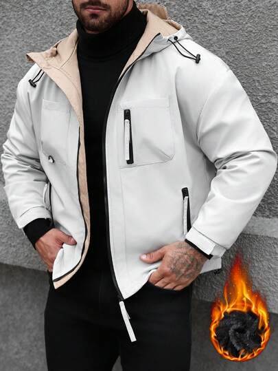 Manfinity Homme معطف هوديي مبطن بالحرارة للرجال، معطف فضفاض للرجال للخريف والشتاء، معطف هوديي للرجال، ملابس خارجية شتوية للرجال، هدية للصديق/الزوج، هدية عيد الميلاد، معطف شتوي للرجال، جاكيت شارع للرجال، جاكيتات للرجال
