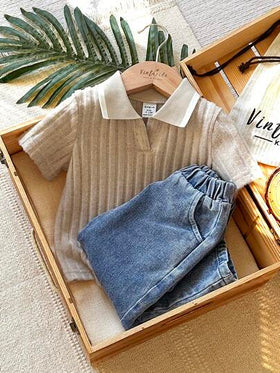 SHEIN Vintaside Kids طقم ملابس أطفال صبيان كاجوال بقميص كم قصير ياقة مع بنطلون جينز مغسول عصري، مناسب للارتداء اليومي، رحلات العائلة، الطعام أو التسوق