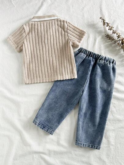 SHEIN Vintaside Kids طقم ملابس أطفال صبيان كاجوال بقميص كم قصير ياقة مع بنطلون جينز مغسول عصري، مناسب للارتداء اليومي، رحلات العائلة، الطعام أو التسوق