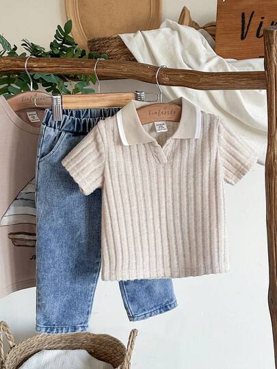 SHEIN Vintaside Kids طقم ملابس أطفال صبيان كاجوال بقميص كم قصير ياقة مع بنطلون جينز مغسول عصري، مناسب للارتداء اليومي، رحلات العائلة، الطعام أو التسوق