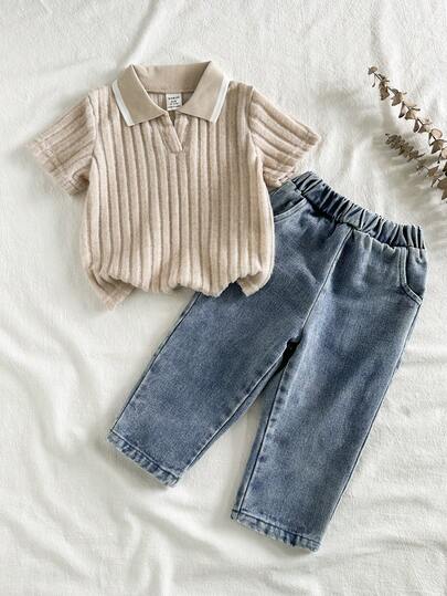 SHEIN Vintaside Kids طقم ملابس أطفال صبيان كاجوال بقميص كم قصير ياقة مع بنطلون جينز مغسول عصري، مناسب للارتداء اليومي، رحلات العائلة، الطعام أو التسوق