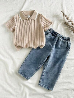 SHEIN Vintaside Kids طقم ملابس أطفال صبيان كاجوال بقميص كم قصير ياقة مع بنطلون جينز مغسول عصري، مناسب للارتداء اليومي، رحلات العائلة، الطعام أو التسوق